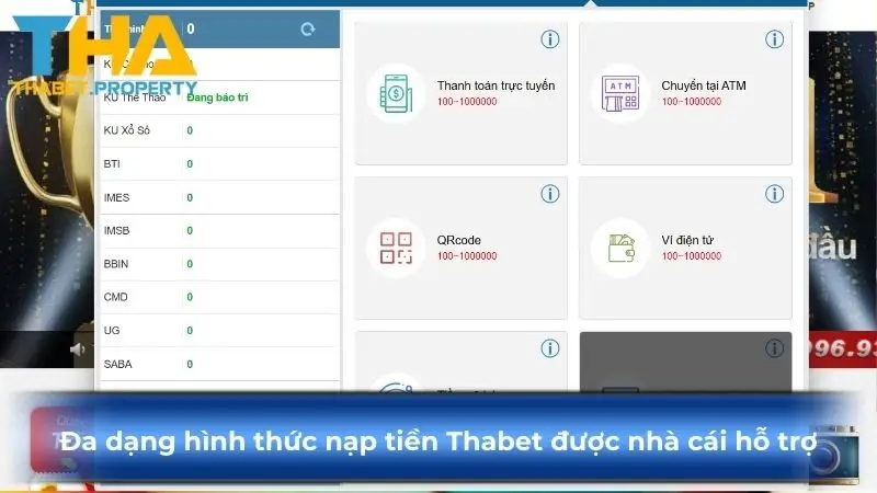 Đa dạng hình thức nạp tiền Thabet được nhà cái hỗ trợ